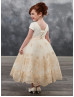 Cap Sleeves Champagne Lace Tulle Tea Length Corset Back Flower Girl Dress Cap Sleeves Champagne Lace Tulle Tea Length Corset Back Flower Girl Dress
